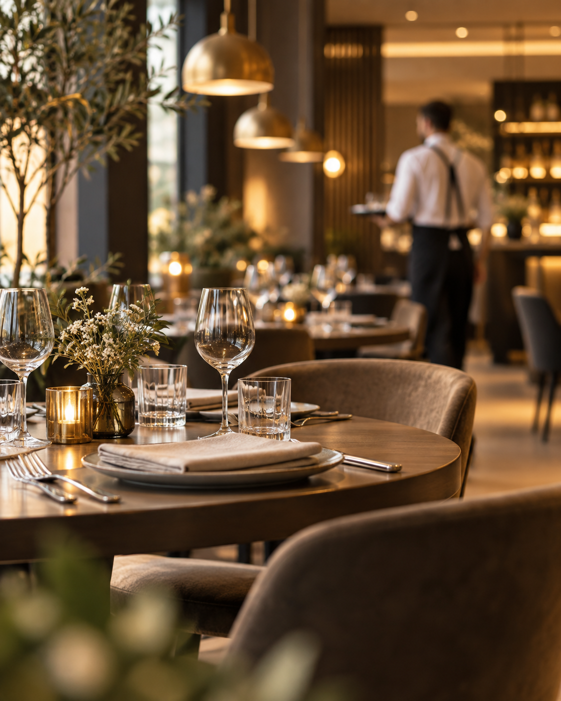 Elegant gedeckter Restauranttisch in warmer Atmosphäre
